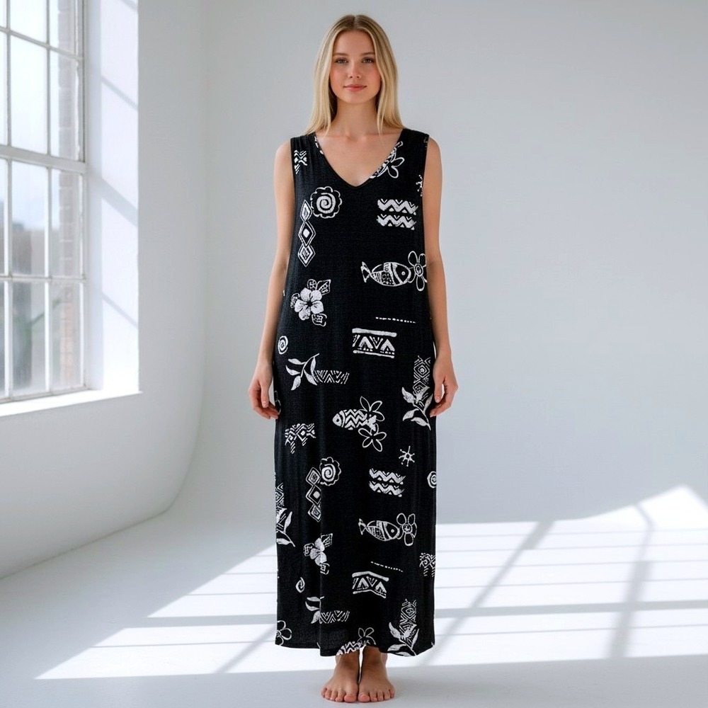 VTG Teddi Dress Black White Tribal  Floral Maxi Dress Large 12 Boho Rayon 90s